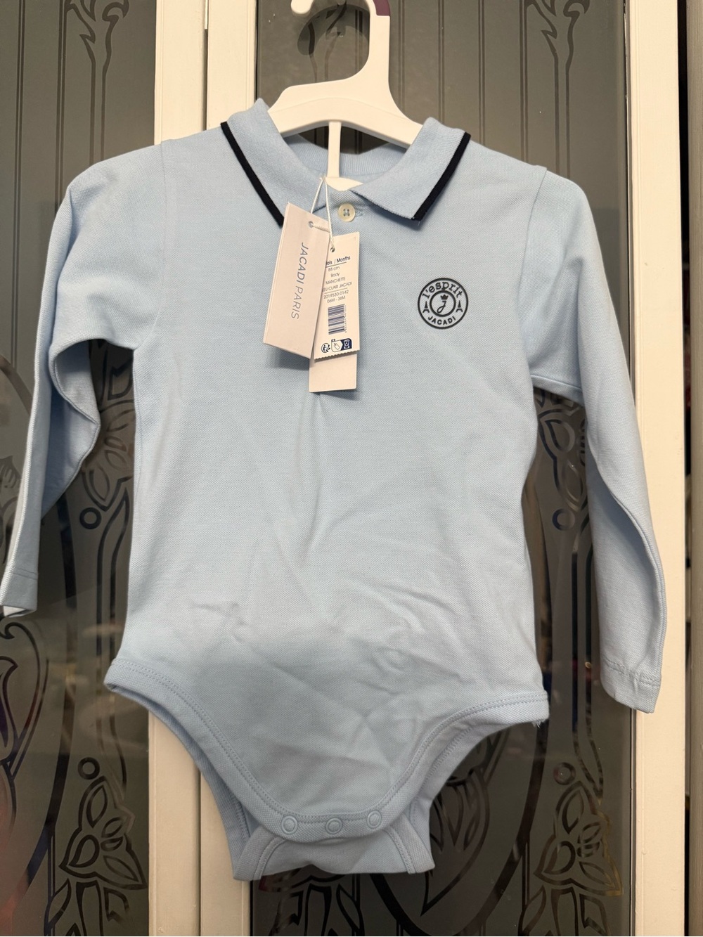 Jacadi Baby Blue Long-Sleeve Polo Bodysuit with Navy Trim